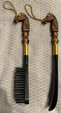 VTG Horse Head Equestrian 11" Shoe Horn  Brush Black Gold Tone Japan. NH3-1160