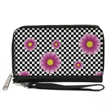PU Zip Around Wallet Rectangle Checkers/Pink Daisies Black/White