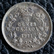 OLD CANADIAN COIN 1911 - 5 CENTS .925 SILVER - King George V - KM#16