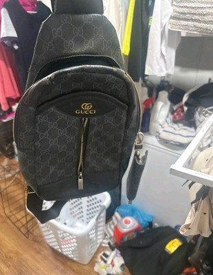 Gucci Black GG Monogram Backpack Zip Closure Gold Hardware Crossbody Strap