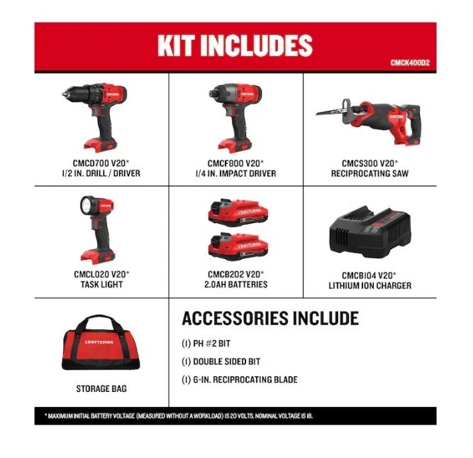 [HOT DEAL] CRAFTSMAN V20 20-volt Max 4-Tool Power Tool Combo Kit with Soft Case - Image 2 of 4