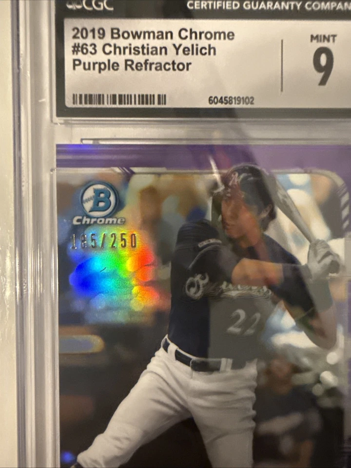 2019 Bowman Chrome Christian Yelich #63 Purple Refractor /250 CGC Mint 9 Pop 1 - Image 3 of 3