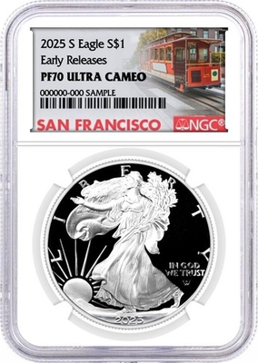 #ad #ad 2025 S $1 1 oz Proof Silver Eagle NGC PF70 UCAM Early Releases Trolly Label $149.00
