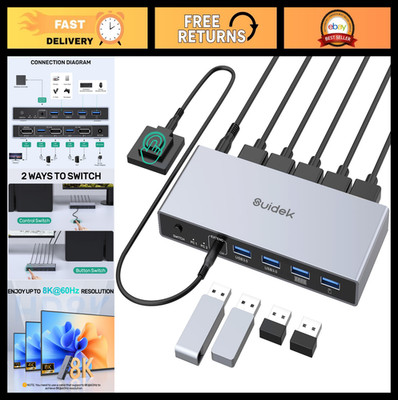 8K 60Hz DisplayPort KVM Switch for 2 PCs, 1 Monitor, 4 USB 3.0 Ports, Cables Inc