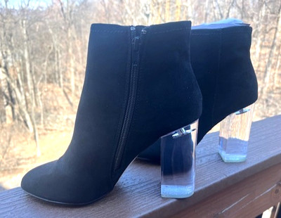 NEW Womens Call it Spring Lucite High Heeled Ankle Boot Black Suede Side Zip S 7