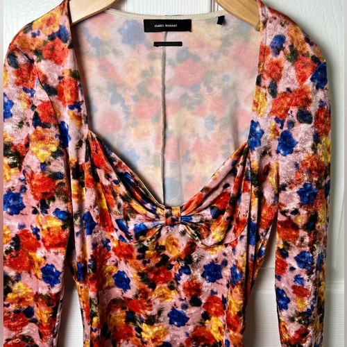 Isabel Marant Womens Velvet Floral Long Sleeve Goji Printed Ruched Mini Dress 10 - Picture 4 of 12