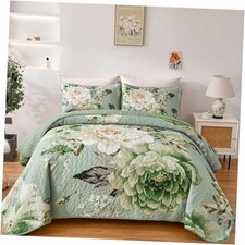 Floral Quilt Set King, 3 Pieces Elegant Flower King 104" 90" Sage Green