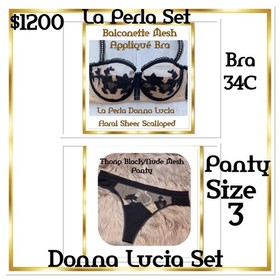 La Perla Donna Lucia Set Black/Nude Eyelet Scalloped Mesh Floral Appliqu&eacute; RARE