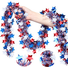 50 FT Patriotic Tinsel Garland, Red White and Blue Star Garlands for 4Th of July