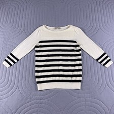 LOFT Womens Sweater Small Wool Blend Navy Ivory Striped 3/4 Sleeve Nautical