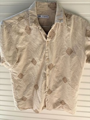 Zara Men's Embroidered Linen Blend Camp Collar Short Sleeve Shirt