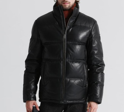 Men s Black Genuine Sheepskin Winter Quilted Padded Puffer Leather Jacket X-3XL