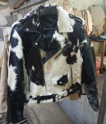 Men s Black & White Cowhide Leather Biker Jacket  Genuine Hair On Hide