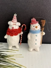 Pair Miniature Snowmen Broom Candy Cane Winter Holiday Ornament Figurine Glitter