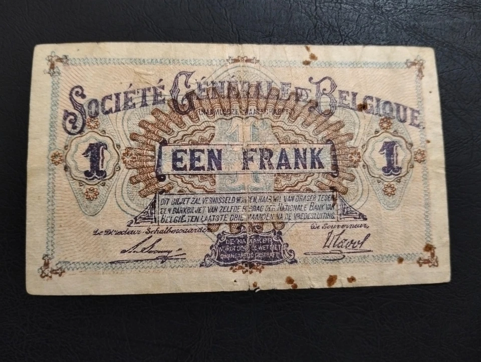 Belgium 1 Franc Banknote – 1916 Issue – WWI Era Rare Collectible - Image 2 of 2