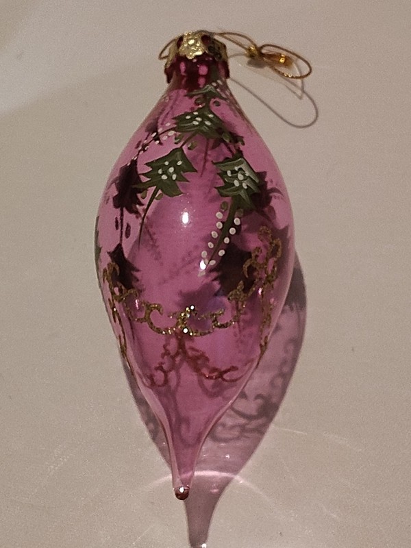Vintage Pink Glass Teardrop Hand Painted Art Christmas Filigree Ornament 5.5" 