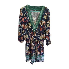 Boho Jumpsuit Romper Size L Green Navy Floral   3/4 Sleeves Tassels Feminine 