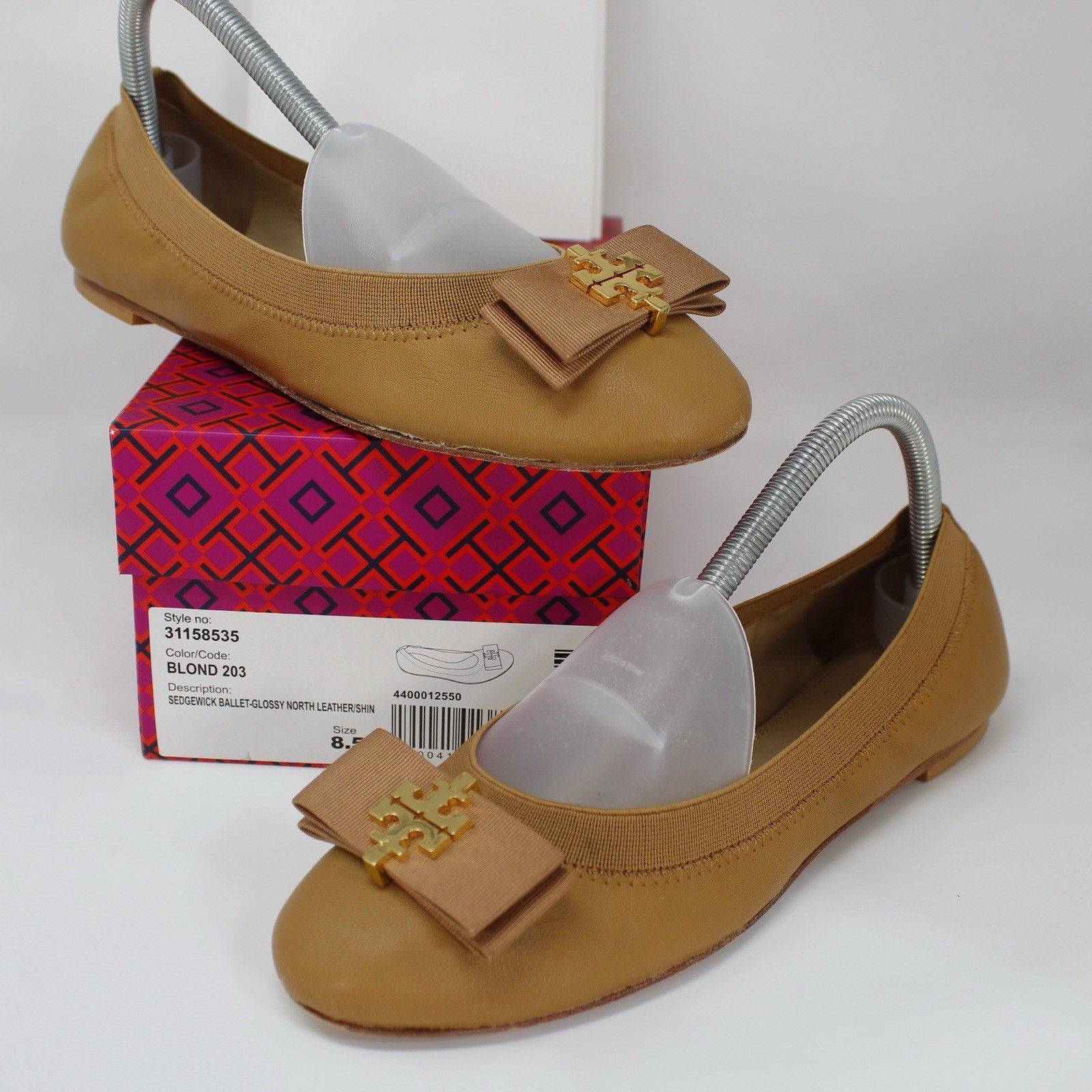 Tory Burch Sedgewick Ballet Flat 8.5 Blond 203 Leather Gold Logo Grosgrain Bow thumbnail 3