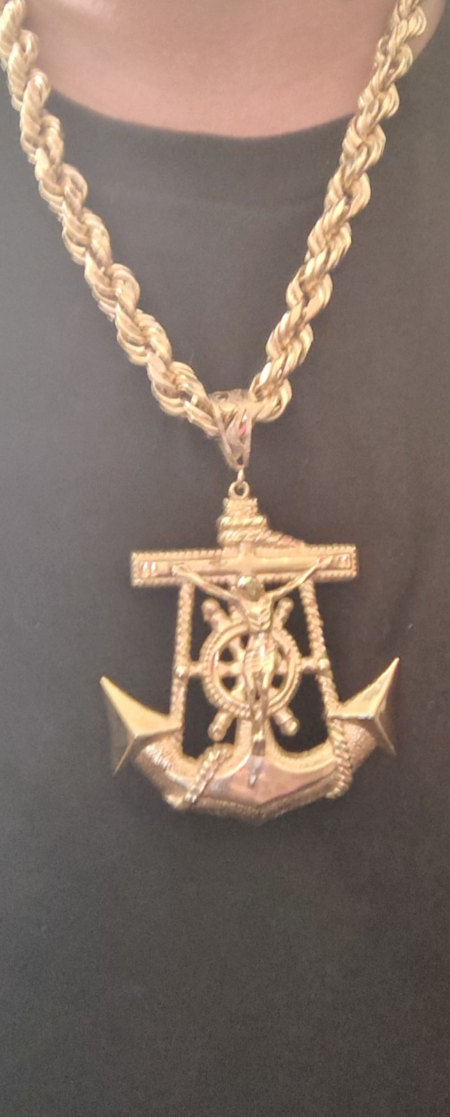 10k Yellow Gold Rope Chain Necklace with Large Anchor Charm Anchor Pendant