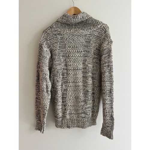 Vintage 80s Wool Blend Shawl Collar Sweater Marled Black White Knit Large - 第 7/7 張圖片
