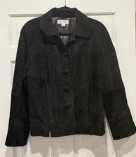 Preston & York Women's Black Suede Leather Four Button Jacket w/Pockets Size L