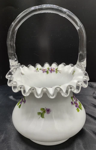 Fenton Handpaint Milk Glass Silver Crest Violet in the Snow Basket W/Handle