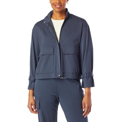 MARLA Wynne Layers Polished Knit Zip Crop Jacket Belted Cuff Navy Blue Plus 1X