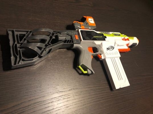 Nerf Modulus Stryfe with Red Dot Sight, Demolisher Stock, and Drum