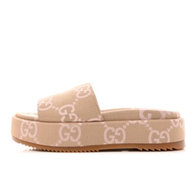 Gucci Monogram Jumbo GG Angelina Platform 55mm Sandals 42 Beige