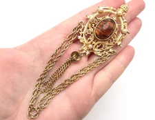 Vintage Victorian Revival Art Glass Gold Tone Dangle Signed Sphynx Brand Brooch