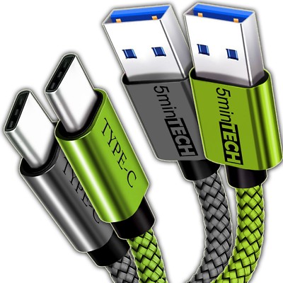 (2 Pack) USB Nylon Braided Cord Cable Charger for ZTE Cell Phones (Black+Green)