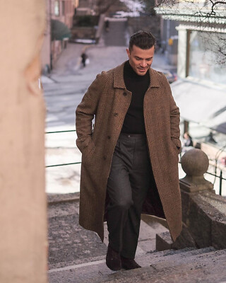 Men's Dark Brown Plaid Classic Fall Coat Trench Coat Zipper Men's Dark Brown Plaid Classic Fall Coat Trench Coat Zipper