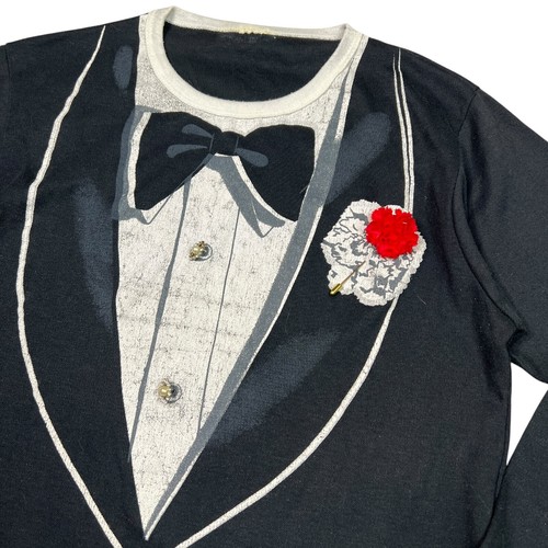 Vintage 70s Tuxedo Novelty Long Sleeve Tee T-Shirt Embellished Black Adult Small - Picture 3 of 7