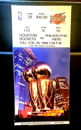 Hakeem Olajuwon 42 Points! Houston Rockets Ticket Stub 2/29/1996 vs ...