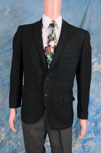 Vintage 1960s men's 3 button black green wool plaid jacket blazer 42 - 第 1/13 張圖片