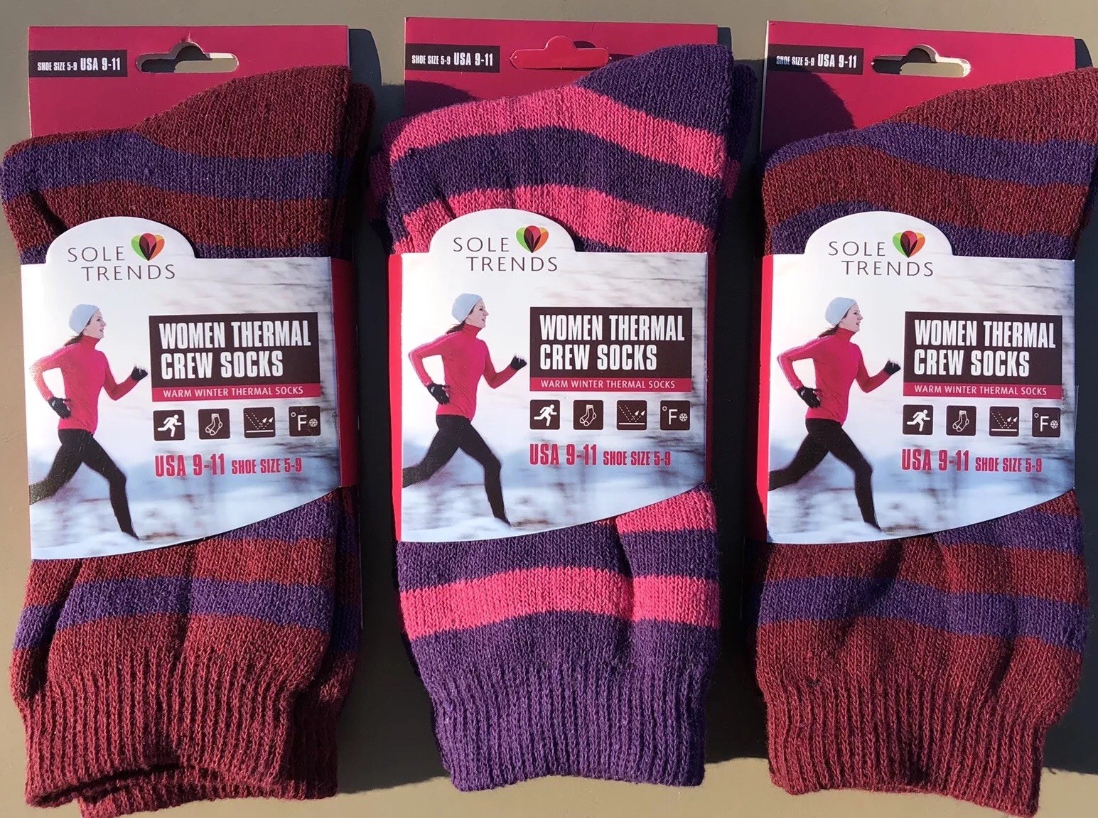 SAOLA 3x Calze termiche invernali calde donna SUOLA TRENDS rosso rosa viola righe taglia 9 11