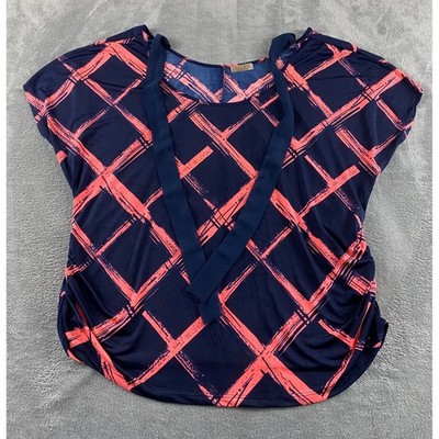 Lavish Plus Navy Blue Coral Pink Plaid Ruched Side Tie Neck Top Plus Size