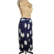 Vintage Leslie Fay Floral Midi Skirt Navy Blue Yellow Rayon Petite 12 USA Made