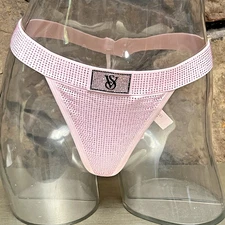 Victoria's Secret All Over Bling Cotton V-STRING THONG Panty Sz M PINK NWT$34
