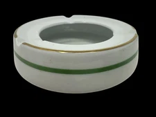 Vintage 1980’s White Dankotuwa Porcelain Ashtray Green Stripe With Gold Rim EUC