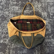 LL Bean Plaid Flannel Lined Boat  Tote Khaki/Green Canvas Embroidery Removed