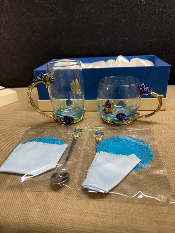ARC France Clear Glass Mugs & Spoons Enamel Floral Rose & Butterfly Jeweled