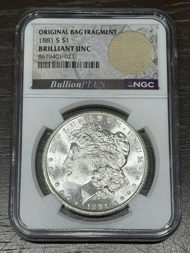 1881-S $1 Morgan Silver Dollar NGC Brilliant Unc Bullion Plus Label Bag Fragment