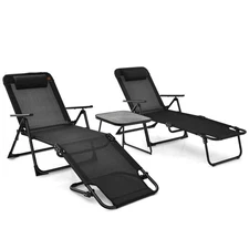 3pcs Patio Folding Chaise Lounge Chair Outdoor Portable Beach PVC Tabletop Set