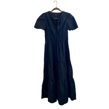 Quince Organic Cotton Smocked Waist Puff Sleeve Tiered Maxi Dress Black Size M