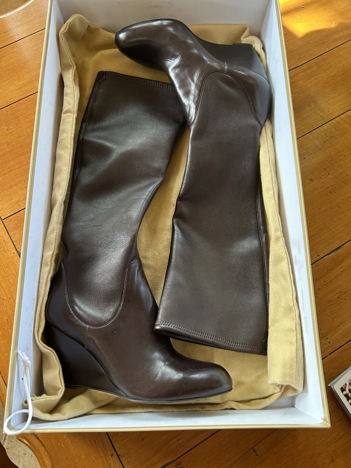 Sergio Rossi Knee-high Pull On Brown Leather Stretch Boots - Image 4 of 4