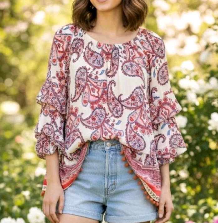 Democracy Blouse Size S Paisley Boho Tiered Sleeve Pom Pom Hippie Retro Hipster