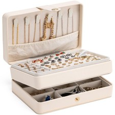 Travel Jewelry Case, 2-Layer Large Jewelry Organizer Box, Beige, PU Leather