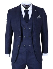 Men's Blue Check 3 Piece Suit Slim Fit Blazer Waistcoat Trouser Formal Wedding