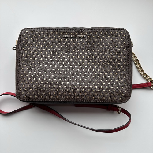 Michael Kors Brown Crossbody Purse Gold Large East West Signature Perforated